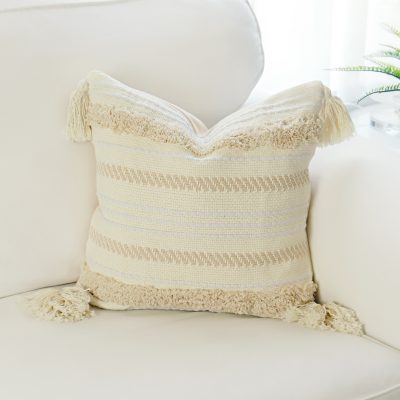 Beige moroccan tassel lumbar pillow cover